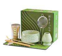 BEWOS 8 Pezzi Set Frusta Matcha - Ciotola Ceramica 18OZ Con Becchetto, Tamarra, Supporto Frusta, Frusta In Bambù | Cucchiaio, Kit Cerimonia Tè Giapponese Per Amanti Del Matcha (Verde Maculato)