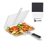BEWOS Cestino per Grigliate di Pesce, Griglia Barbecue in Acciaio Inox con Borsa e Spazzola, Pieghevole e Portatile, Graticola per Barbecue con Manico Rimovibile per Bistecche di Pesce e Verdure