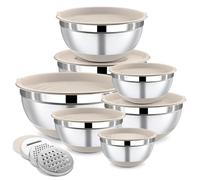 BEWOS Ciotola di Miscelazione con Coperchio da 7 Pezzi, Base Antiscivolo, Ciotole di Miscelazione in Acciaio Inox con Grattugia, Dimensioni 0.5, 1, 1.4, 1.85, 2.35, 3.2, 4 L per Miscelare e Servire