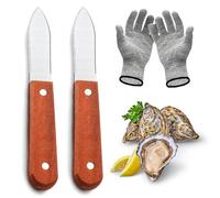 BEWOS Set di coltello per ostriche da 6,8 pollici/17,3 cm, 2 pezzi - con manico in legno di alta qualità,guanto antitaglio per ostriche in 4 pezzi, adatto per sgusciare tutti i tipi di molluschi