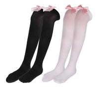 Bewudy 2 paia di calze da donna in raso con fiocco, calze nere con fiocco, calze bianche trasparenti con fiocco rosa, altezza coscia sopra il ginocchio con fiocchi rosaCalze al ginocchio da donna per
