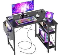 BEXEVUE Scrivania ad Angolo con Ciabatta - 100x70 cm Tavolino Computer a Forma L Ripiani Portaoggetti, Scrivania Angolare Reversibile Gaming Informatica, Studio Gioco Lavoro Casa Camera da Letto Nero