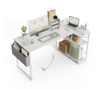BEXEVUE Scrivania ad Angolo con Ciabatta - 100x70cm Tavolino Computer a Forma L Ripiani Portaoggetti, Scrivania Angolare Reversibile Gaming Informatica, Studio Gioco Lavoro Casa Camera da Letto Bianco