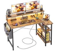 BEXEVUE Scrivania Angolo con LED Ciabatta - 120x70cm Grande Tavolino Computer Forma L Ripiani Portaoggetti, Scrivania Angolare Reversibile Gaming Informatica, Studio Gioco Lavoro Casa Camera da Letto