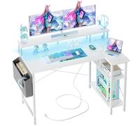 BEXEVUE Scrivania Angolo con LED Ciabatta - 120x70cm Grande Tavolino Computer Forma L Ripiani Portaoggetti, Scrivania Angolare Reversibile Gaming Informatica, Studio Gioco Lavoro Casa Camera da Letto