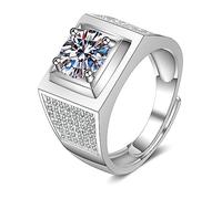 Beydodo Anello da uomo in oro bianco 750 18 carati, anello di fidanzamento largo con sigillo di moissanite, anello di nozze da uomo, senza nichel, misura 54-68, Moissanite