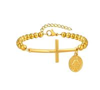 Beydodo Bracciale da donna in acciaio inox placcato oro, 21,5 cm, con medaglie a croce, braccialetto dell'amicizia, da donna, personalizzato, Metallo non prezioso, Nessuna pietra preziosa