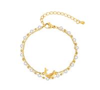 Beydodo Bracciale da donna in acciaio inox placcato oro, 21 cm, con perle di delfino a doppio strato, personalizzabile, per donne
