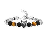 Beydodo Bracciale da uomo in acciaio inox argentato, 22 cm, con occhio di tigre di lupo e nero a otto maglie