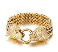 Beydodo Bracciali da Uomo, Braccialetto Acciaio Donna 22.5cm Bracciale a Catena Oro con Grano con Testa di Lupo 18mm Larghezza