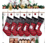 Beyond Your Thoughts 2024 Nuovo Calze di Natale Faux Fur Peluche Cuff, Large Xmas Calze per la Decorazione della Famiglia Camino Tradizionale Hanging, Rosso e Nero Un Set di 6