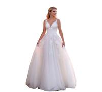 Beyonddress Abito da sposa da donna in pizzo Appliques abito da sposa a maniche lunghe con scollo a v ufficio del registro abiti, Bianco 18, 54