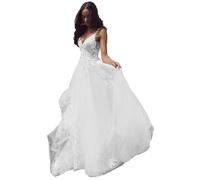 Beyonddress Abito da sposa in pizzo da donna, lungo, a maniche lunghe, con applicazioni, per cerimonia nuziale, abito da sposa, Bianco 05., 46