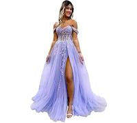 Beyonddress Donne Off The Shoulder Tulle Abiti da sera con fessura Pizzo Applique Abiti da ballo Sweetheart Abiti da sposa Formali Lunghi, lavanda, 46
