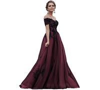 Beyonddress Tulle Abiti da sera Lunghi Elegante Spalla Off Abito da sposa con treno Gotico Pizzo Appliques Abito da ballo per le donne, borgogna, 42