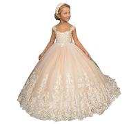 Beyonddress Vestito da ragazza in pizzo per matrimonio, principessa, prima comunione, abito da ballo per bambini, champagner, 8 anni