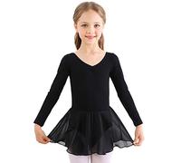 Bezioner Ragazza Balletto Leotard Vestito Danza Tutu Body Ginnastica Manica Lunga con Chiffon Gonna Nero 140