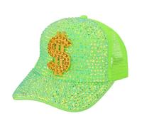 BF Souvenirs Berretto da baseball con strass al neon UV - cappello con glitter con segno dollaro, cappello per festival e feste, accessorio per discoteca per carnevale JGA (verde)