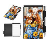 BFDHGQZC Metal Pocket Notebook with Pen, Mini Flip Memo Pad Refillable Aluminum Mini Notepad, 60 Sheets & Pen for Everyday Carry, Business, Office, Travel Gifts,Cute Baby Highland Cows
