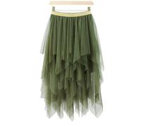 BFLCWSTD Gonna Tulle Women Green Midi Skirts Solid Color Elastic High Waist Irregular Ruffles Multi-Layered Tulle Tutu Female(S)