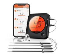 BFOUR Termometro da Cucina Digitale Termometro per Cucina Bluetooth Termometro per Carne Barbecue Wireless Termometro da Forno con Timer BBQ Griglia LED Display App 6 Sensori (Nero, 4 Sonde)