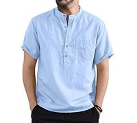 BFSGBFNTMD Camicia da Uomo in Cotone E Lino Camicia da Uomo A Maniche Corte con Taschino Tinta Unita con Colletto Henry