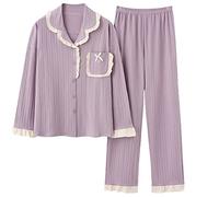 BFSGBFNTMD Pigiama Donna Primavera E Autunno Puro Cotone A Maniche Lunghe Autunno E Inverno Stile Principessa Colletto per Bambole di Moda Cuciture Dolci Tinta Unita Servizio A Domicilio