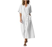 BFSWL Abito estivo da donna, a maniche corte, in lino, con scollo a V, in cotone e lino, con bottone e tasche, tinta unita, linea ad A, casual, elegante, abito da spiaggia, bianco, M