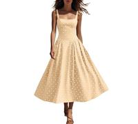 BFSWL Abito estivo da donna a pois, con scollo quadrato, senza maniche, linea ad A, per il tempo libero, elegante abito da sera per feste, cocktail, estivo, abito da spiaggia, cachi, S