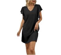 BFSWL Abito estivo da donna, corto, estivo, con volant, a maniche corte, per il tempo libero, con scollo a V, lunghezza al ginocchio, a tunica leggera, in tinta unita, mini abito estivo 2025, Nero