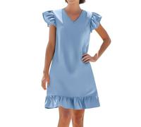 BFSWL Abito estivo da donna in cotone e lino, estivo, a maniche corte, con orlo increspato, tinta unita, lunghezza al ginocchio, abito da spiaggia con scollo a V, Celeste., L
