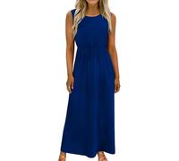 BFSWL Abito estivo da donna, senza maniche, con scollo rotondo, maxi abito per il tempo libero, elegante, elasticizzato, vita alta, linea ad A, tinta unita, Blu, XXL