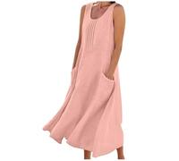 BFSWL Abito estivo da donna, senza maniche, in lino, scollo rotondo, con pieghe frontali e tasche, tinta unita, in cotone e lino, per il tempo libero, leggero e arioso, abito estivo midi, Colore: rosa