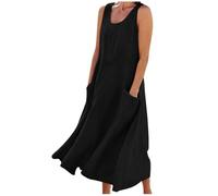 BFSWL Abito estivo da donna, senza maniche, in lino, scollo rotondo, con pieghe frontali e tasche, tinta unita, in cotone e lino, per il tempo libero, leggero e arioso, abito estivo midi, Nero , M