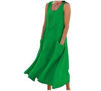 BFSWL Abito estivo da donna, senza maniche, in lino, scollo rotondo, con pieghe frontali e tasche, tinta unita, in cotone e lino, per il tempo libero, leggero e arioso, abito estivo midi, verde, XL