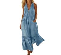 BFSWL Abito estivo da donna, tinta unita, scollo a V, per il tempo libero, con cerniera e tasche, elegante, in lino, con spalline, vita arricciata, orlo a balze, patchwork, Azzurro, M