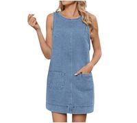 BFSWL Abito in jeans da donna, senza maniche, con schiena scoperta, per il tempo libero, girocollo, estivo, in tinta unita, estivo, in denim, alla moda, con tasche, per il tempo libero, Blu, S