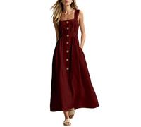 BFSWL Abito lungo da donna, senza maniche, elegante, lungo, estivo, con scollo quadrato e tasche, linea ad A, per il tempo libero, elasticizzato, vita alta, abito a corsetto per le vacanze, Vino, XXL