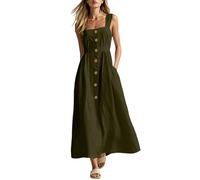 BFSWL Abito lungo da donna, senza maniche, elegante, lungo, estivo, con scollo quadrato e tasche, linea ad A, per il tempo libero, elasticizzato, vita alta, abito a corsetto per le vacanze, verde