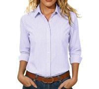 BFSWL Camicia a quadretti da donna con scollo a V, a maniche lunghe, casual, con abbottonatura, viola., M