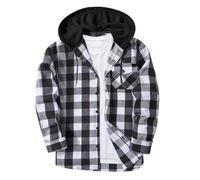 BFSWL Camicia a quadri da uomo a maniche lunghe con cappuccio - Camicia a quadri casual autunnale - Camicia giacca a vestibilità regolare, grigio., XXL