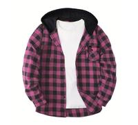 BFSWL Camicia a quadri da uomo a maniche lunghe con cappuccio - Camicia casual a quadri autunnale - Giacca da camicia a vestibilità regolare, P-ink, XXL