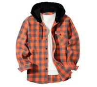 BFSWL Camicia a quadri da uomo a maniche lunghe con cappuccio, per autunno e tempo libero, vestibilità regolare, Colore: arancione., S