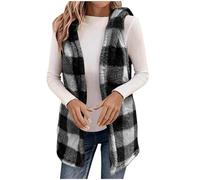 BFSWL Gilet di peluche da donna con cappuccio - senza maniche a scacchi - Giacca invernale leggera in peluche