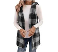 BFSWL Gilet in pile con cappuccio, da donna, caldo, invernale, a quadretti, per attività all'aria aperta, senza maniche, con tashcen