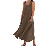 BFSWL Maxi abito estivo da donna, in mussola, tinta unita, senza maniche, con scollo rotondo, in cotone e lino, maxi abito casual con tasche, caffè, M