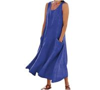 BFSWL Maxi abito estivo da donna, in mussola, tinta unita, senza maniche, con scollo rotondo, in cotone e lino, maxi abito casual con tasche, Blu, 3XL