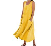 BFSWL Maxi abito estivo da donna, in mussola, tinta unita, senza maniche, con scollo rotondo, in cotone e lino, maxi abito casual con tasche, giallo., M