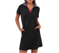 BFSWL Polo da donna, a maniche corte, per il tempo libero, lunghezza al ginocchio, per lo sport, estivo, estivo, per il golf, per il tempo libero, con tasche, Nero , XL