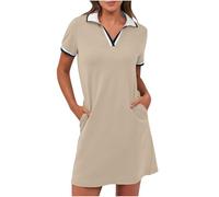 BFSWL Polo da donna, a maniche corte, per il tempo libero, lunghezza al ginocchio, per lo sport, estivo, estivo, per il golf, per il tempo libero, con tasche, cachi, XL